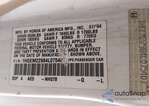 2004 Honda Civic Ex из США, поврежденный, VIN 1HGEM22984L075407